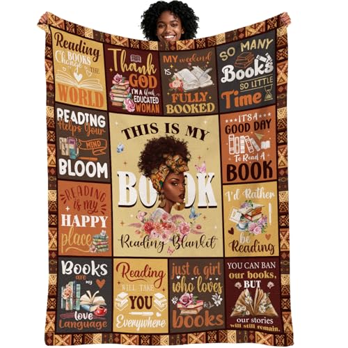 African American Book Lovers Gifts, Book Reading Throw Blanket, Librarian Bookish Books Club Gift for Black Women Bookworms Birthday Graduation Present Ideas Soft Flannel Blankets 50'' x 60'' - color: Brown-african American