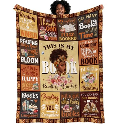 African American Book Lovers Gifts, Book Reading Throw Blanket, Librarian Bookish Books Club Gift for Black Women Bookworms Birthday Graduation Present Ideas Soft Flannel Blankets 50'' x 60'' - color: Brown-african American