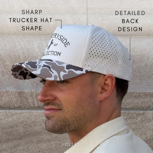 CITRUSY Athletic Trucker Golf Hat | Performance Mens 5 Panel Cap | Cool Breathable Waterproof Workout Running Snapback - color: Countryside Collection | Duck Camo