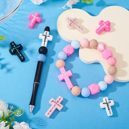 Beadthoven 16Pcs Cross Silicone Focal Beads for Pens Pink Black Cross Shaped Beads Faith Jesus Rubber Spacers for Keychain Making Bracelets Necklace DIY Crafting - color: Pink Black 8 Styles