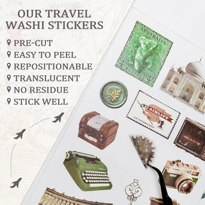 Bomichi Travel Sticker Book, 32 Sheets 377 Pcs Vintage Aesthetics Stickers & 20 Sheets Washi Paper for Journaling Scrapbooking Bullet Journals Planners Letter Card Making - style: Travel sticker book