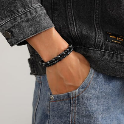 XIANNVXI Mens Tiger's Eye Beads Black Leather Bracelet Gift - color: Gray, Black