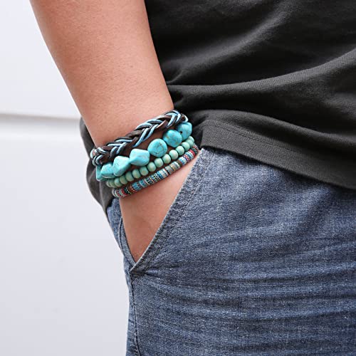HZMAN Handmade Hemp Cords Wood Beads Leather Bracelets for Men Women - style: Turquoise