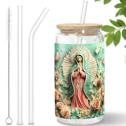 Virgin Mary Glass Cup with Lid and Straw, Religious Floral Illustration Clear Glass Tumbler, Bamboo Lid Iced Coffee Cup, Faith Inspired Art Glass Coffee Mug for Daily Use, 16oz