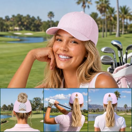 C.C Women's Criss-Cross Ponytail Trucker Hat - Snapback, One Size - color: Cotton Stripe-pink