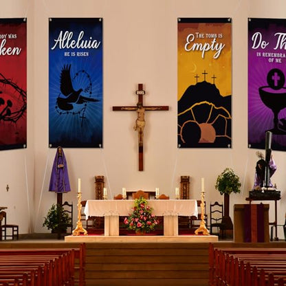 Sayglossy 6 Pcs Easter Church Banners for Sanctuary 6 x 3 ft Church Banners with Scripture Religious Empty Tomb He is Risen Hanging Backdrop Signs for Indoor Easter Holy Week Christian Event