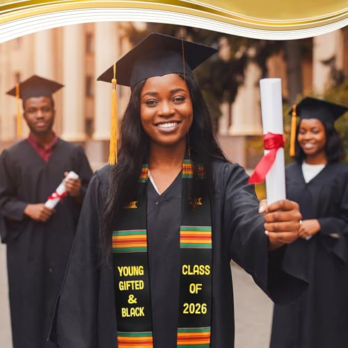 Geyoga Graduation Stole Kente Stole Black Authentic African Art 72" x 4.8" for Adult College Unisex Grads Celebrate - style: Young Gifted & Black