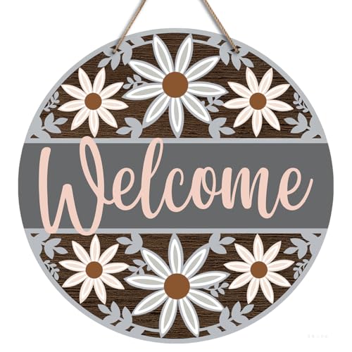 Welcome Flower Pattern Sign - Round Floral Front Door Hanger - Rustic Seasonal Wooden Hanging Decorations for Indoor Outdoor Home Porch Window Wall Hanging Decor, 10X10 Inches -B07 - color: A Gray