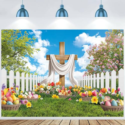 Easter Backdrop He is Risen Backdrop Religious Jesus Cross Photo Background - size: 10x8FT（300x240cm）