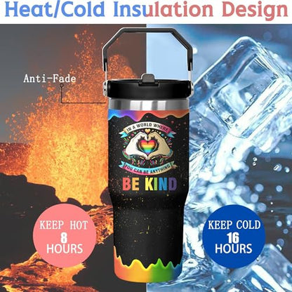 Rainbow Pride Flag Tumbler, Retro Be You Travel Mug, Gay Pride Cups Lesbian Gifts for Women Men, 30 Oz Stainless Steel Tumbler With Handle & Straw, LGBTQ Awareness Month Gifts - color: LGBTQ Awareness Tumbler-1