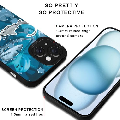 Aesthetics Shark Stars Phone Case for iPhone 15 Case Summer Beach Pattern Shockproof Soft Protective for Women Men Phone Cover Funda for iPhone 15 6.1 Inch - color: Aesthetics, size: for iPhone 15