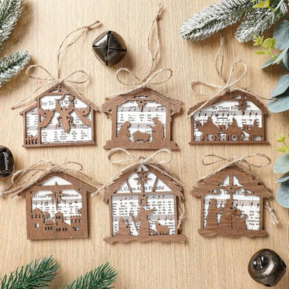 Shellwei 24 Pcs Christmas Ornament Bulk Wooden Nativity Scene Music Sheet - style: Vintage