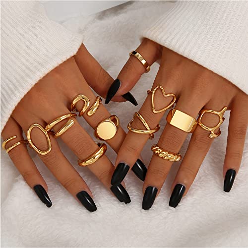 Gold Stackable Rings Set for Women, Gold Plated Chunky Crystal Finger Rings - color: Gold Band