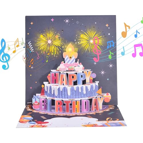 3D pop-up music birthday card - LED Light Cake Greeting Card - color: Cake - Fireworks