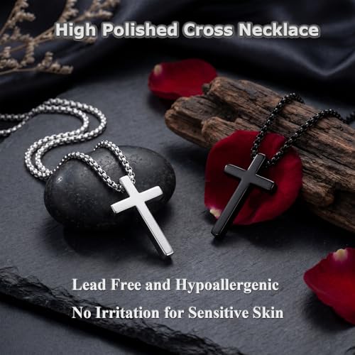 Meetuo 2 Pcs Cross Necklace for Men, Silver and Black High Polished Shinny Cross Necklaces Stainless Steel Cross Pendant Chain, Box Chain