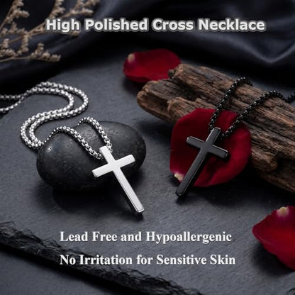 Meetuo 2 Pcs Cross Necklace for Men, Silver and Black High Polished Shinny Cross Necklaces Stainless Steel Cross Pendant Chain, Box Chain