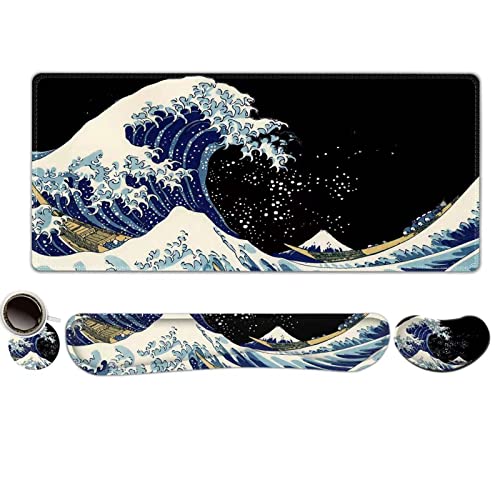 ToLuLu Extended Gaming Mouse Pad, Ergonomic Keyboard Mouse Wrist Rest Set - color: Wave of Kanagawa