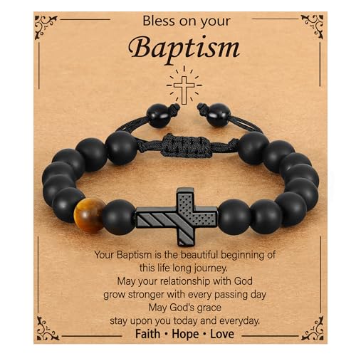 P. BLAKE Cross Bracelet for Boys Men, American Flag Cross Natural Beads Bracelet Christian Religious Birthday Jewelry Gifts for Teen Boys - style: Baptism