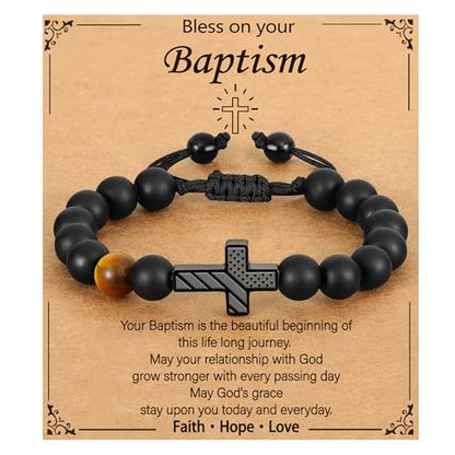 P. BLAKE Cross Bracelet for Boys Men, American Flag Cross Natural Beads Bracelet Christian Religious Birthday Jewelry Gifts for Teen Boys - style: Baptism
