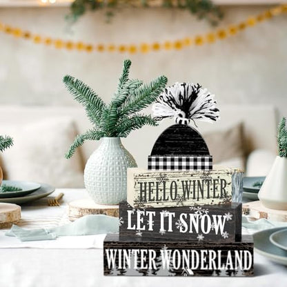 Geelin 4 Pcs Winter Hat Wooden Table Decorations Farmhouse Tiered Decor - style: Winter Hat