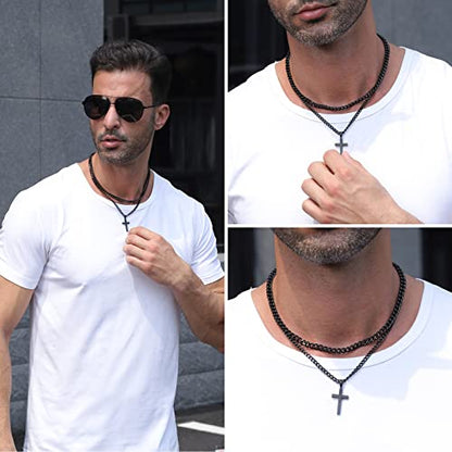 Zocomi Cross Necklace for Men Boys, Stainless Steel Layered Cuban Link Herringbone Chain Cross Pendant Christian Fashion Jewelry Gifts 16-24 Inches - color: Black, size: 20inch/22inch, style: Cuban+Cuban