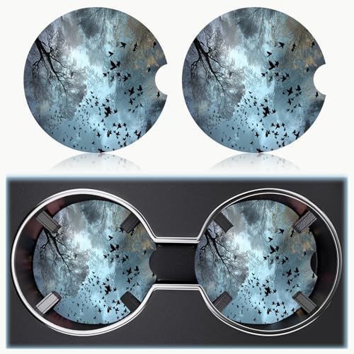 Ceramic Car Cup Holder Coasters Set of 2, 2.56 in Forest Bird - color: Blue Forest Bird