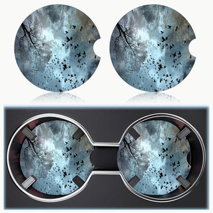 Ceramic Car Cup Holder Coasters Set of 2, 2.56 in Forest Bird - color: Blue Forest Bird