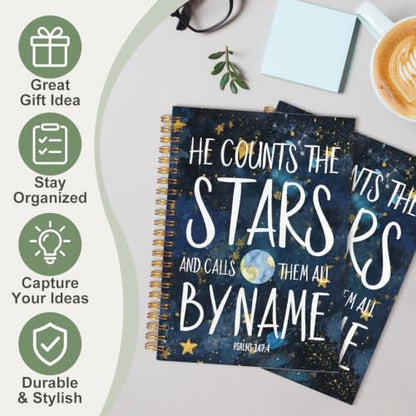 Stars Psalms147:4 Bible Notebook for Women Men, Christian Journal,He Countes The Stars Christian Church Notebook Hardcover Spiral Notebook, 5.5x8.3 Inch - color: white-Stars Psalms147:4 Bible