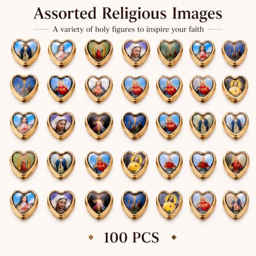 100pcs Heart Shape Our Lady Jesus Cross Saint Mary with Medal Rosary Beads DIY Necklace Bracelets Beads for Making Jewellery (Golden) - color: Golden