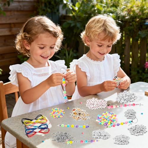 WATINC DIY Christian Bead Keychain Kits - Jesus Love Me Cross Beads Cute Key Chain Bag Charm Bracelet Making Craft Kits, Jewelry Accessories Winter Festival Party Gift Favor for Women Men (877Pcs)
