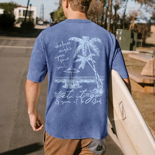 Christian Jesus Shirts for Men Hawaiian Beach T Shirts Vintage Bible Verse Faith Acid Wash Palm Trees Graphic Tees - color: Blue, size: Small