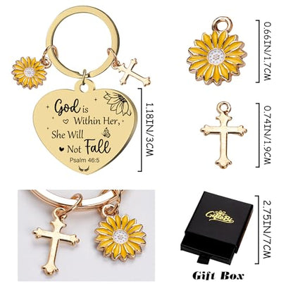 Sunflower Christian Gifts Keychain for Women, Inspirational Bible Verse Keyring, Religious Faith Gift for Birthday Christmas - color: Gold