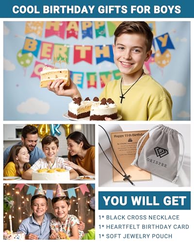 Birthday Gift Cross Necklace for Boy 8–30 Year Old with Joshua Card - style: 11th birthday