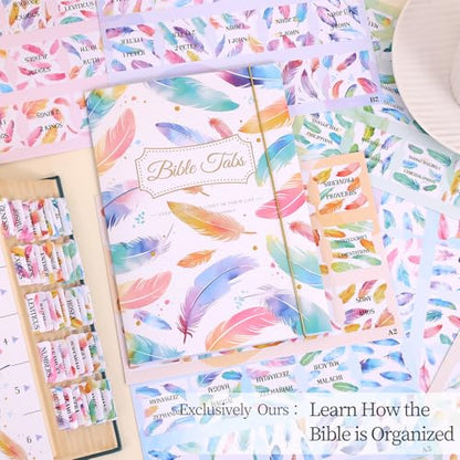 Bible Tabs For Women, 66 Large Print Laminated Bibles Chapters Index Tabs and 39 Blank Dividers Sticky Labels, Cute Beauty Feather Bible Study Supplies, Journaling Accessories, Christian Gifts for Men - style: P-feather