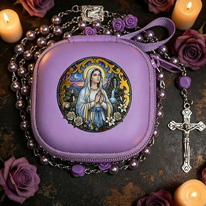 Handmade Rosary Beads for Women, Elegant Catholic Gifts for First Communion, Confirmation & Spiritual Prayer, Unique Beaded Rosary Necklace with Zippered Case - color: Light Purple - Our Lady of Lourdes
