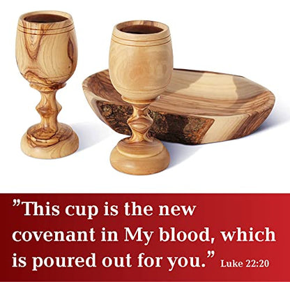 2 Small Communion Cups with Natural Olive Wood Bread Plate – Hand-Carved Kiddush Set for Church, Ministry & Worship – Includes Certificate of Origin - color: 2 Cup Set [Medium, Natural Olive Wood Tray]