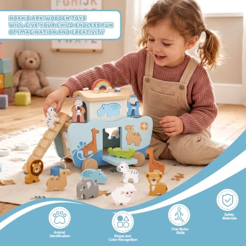 Hoarosall 27PCS Wooden Noah's Ark Montessori Toys for 1 Year Old Baby Boys Girls Christian Toys for Toddlers 1-3 Ideal Baptism Christmas & 1st Birthday Gifts - color: Blue