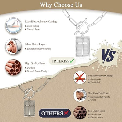 Freekiss 3-Piece Layered Toggle Necklace for Women - color: Silver Cross Necklace