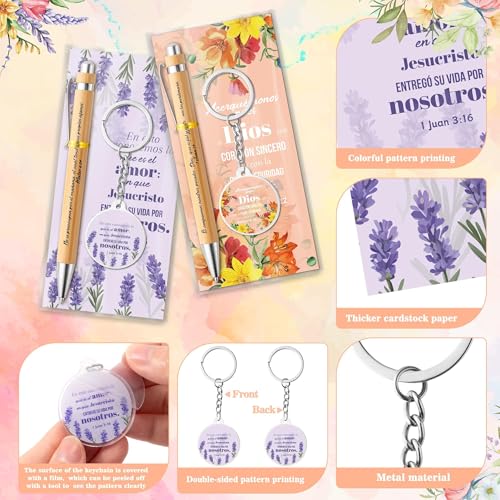 ANGOLIO Spanish Christian Religious Gifts - Back to School Gift 230P Colorful Flower Regalos Cristianos En Español Bible Verse Bamboo Pen Keychain Bookmark Stationary for Women Men VBS Church Supplies - style: Colorful Floral