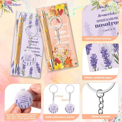 ANGOLIO Spanish Christian Religious Gifts - Back to School Gift 230P Colorful Flower Regalos Cristianos En Español Bible Verse Bamboo Pen Keychain Bookmark Stationary for Women Men VBS Church Supplies - style: Colorful Floral