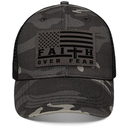 Faith Over Fear Christian Hats for Men Women, American Flag Trucker Hat, Religious Gifts for Thanksgiving Christmas - color: Camo