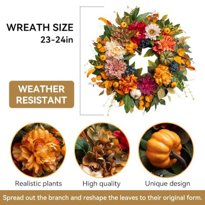 Fall Wreaths for Front Door 24 Inch, Rustic Farmhouse Harvest Autumn Wreath