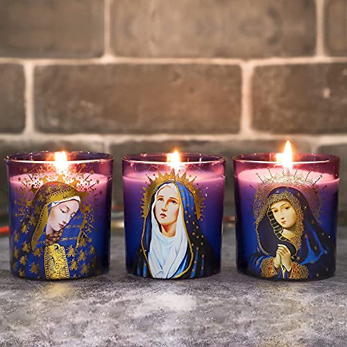 Jar Candles Rosemary Scented Soy Candle Set of 3 Blessed Virgin Mary Devotional Vigil Candles Long Lasting Burn for Catholic Church Home Altar Religious Prayer Spiritual Meditation - color: Religious Theme