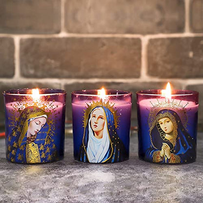 Jar Candles Rosemary Scented Soy Candle Set of 3 Blessed Virgin Mary Devotional Vigil Candles Long Lasting Burn for Catholic Church Home Altar Religious Prayer Spiritual Meditation - color: Religious Theme