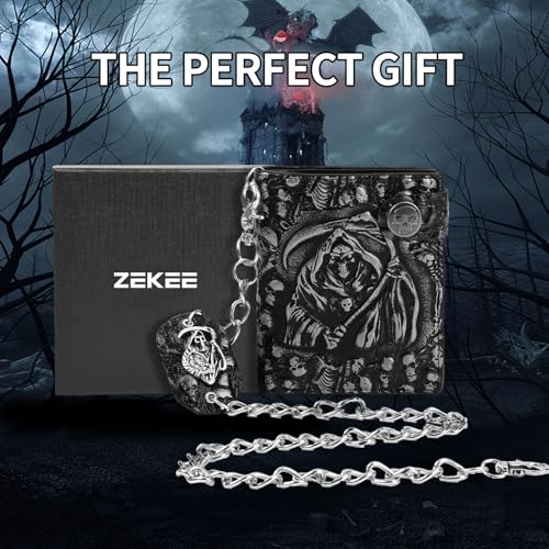 ZEKEE Skull Gothic Chain Wallet Leather Punk Bifold Halloween Goth Accessories Unisex (Reaper's Clutch Silver) - style: Reaper's Clutch Silver