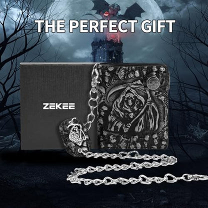 ZEKEE Skull Gothic Chain Wallet Leather Punk Bifold Halloween Goth Accessories Unisex (Reaper's Clutch Silver) - style: Reaper's Clutch Silver