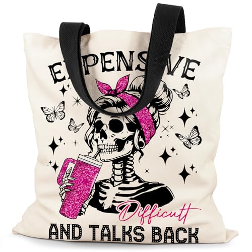 Canvas Tote Bag Aesthetic for Women, Cute Tote Bag with Zipper Pocket, Heavy Duty Reusable Shopping Bags for Grocery - color: 09-sassy Skeleton