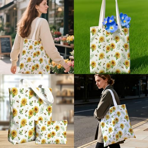 2 Pack Canvas Tote Bag with Makeup Zipper Pouch Colorful Polyester Printed Reusable Shopping Bags for Women - style: Sunflower