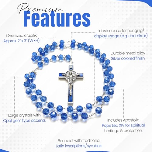 SANCTUM VERITAS Catholic Rosary Necklace | Large Bead Italian Rosary, Christian Prayer Beads for Car Mirror Decor, First Communion Religious Gift for Men and Women, Catholic Keepsake(Blue Crystal) - style: Blue Crystal