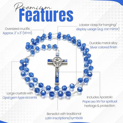 SANCTUM VERITAS Catholic Rosary Necklace | Large Bead Italian Rosary, Christian Prayer Beads for Car Mirror Decor, First Communion Religious Gift for Men and Women, Catholic Keepsake(Blue Crystal) - style: Blue Crystal